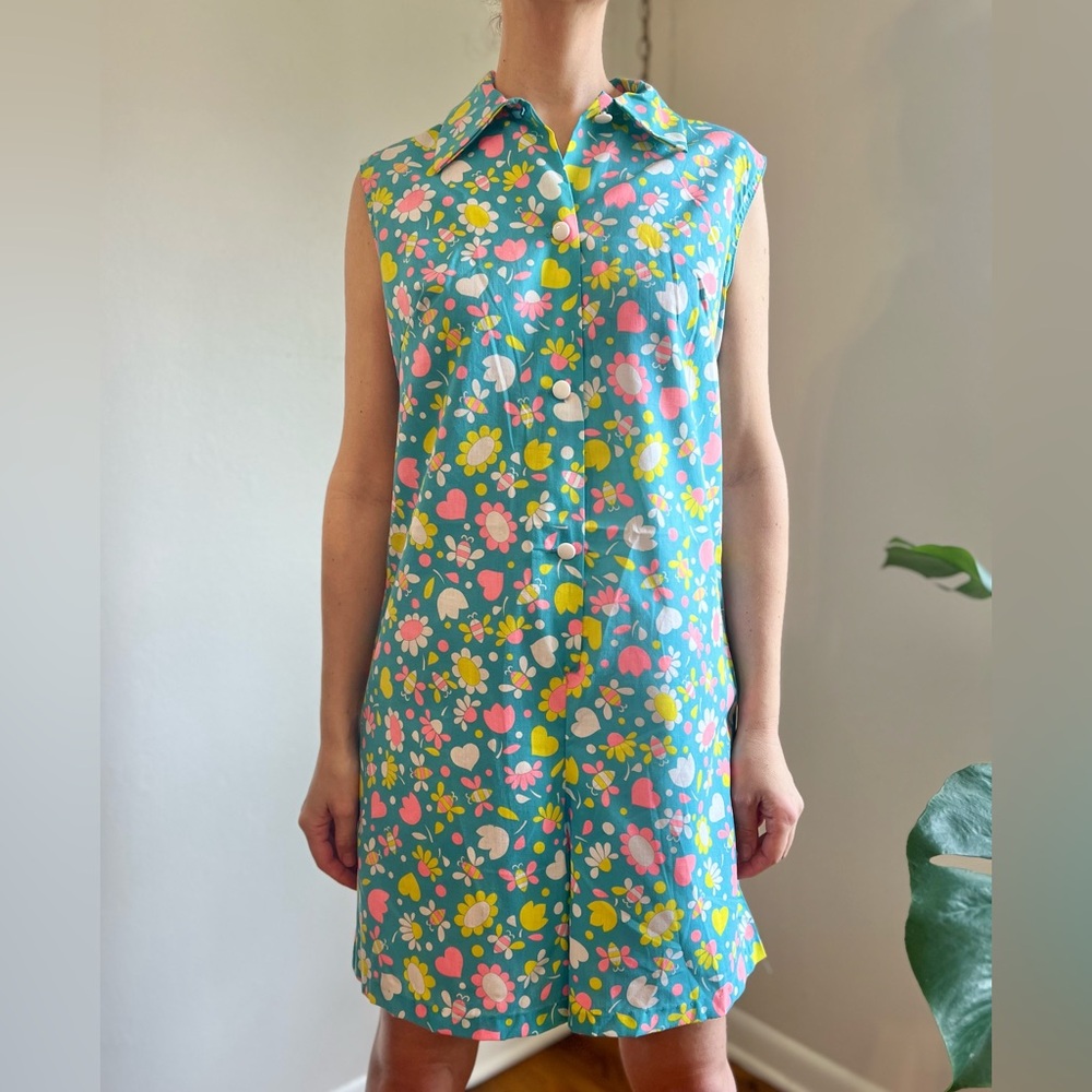 60s Vintage Blue Bee Print Romper - Picture 2 of 9